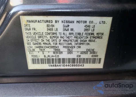 2004 Nissan Maxima Se из США, поврежденный, VIN 1N4BA41E44C895543